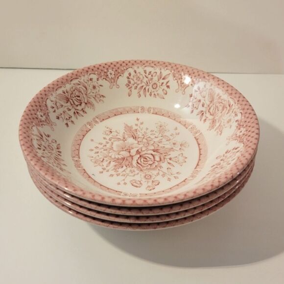 Vintage English Ironstone Kew Gardens Pink Floral Cereal Soup Bowls 4pcs - Picture 4 of 4